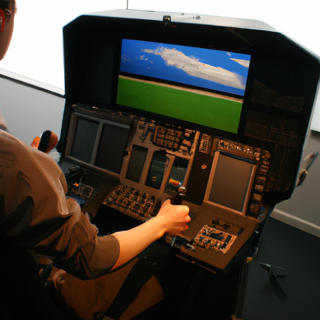 Person operating flight simulator equipment