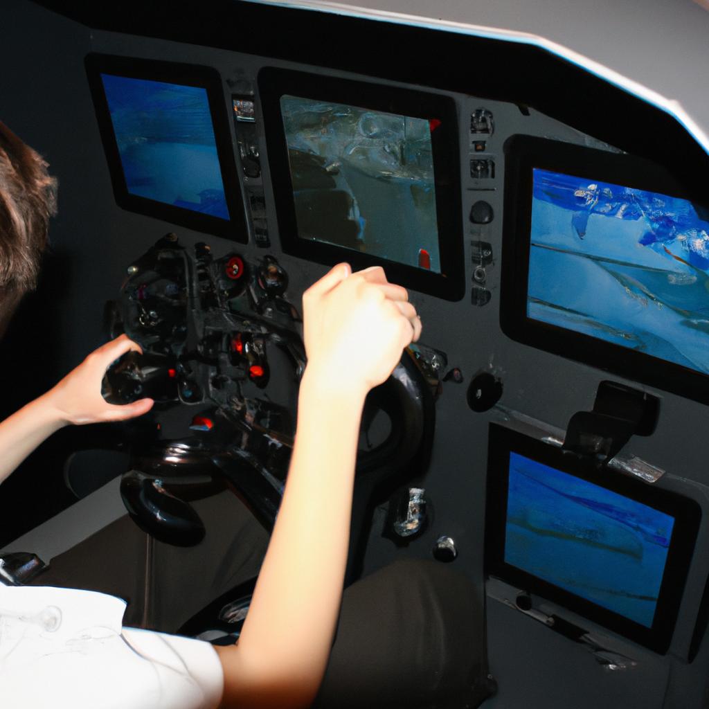 Person using flight simulator equipment